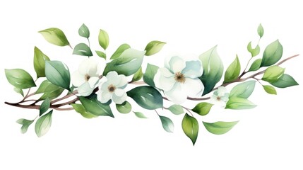 floral branch with green leaves. Watercolor Vector illustration