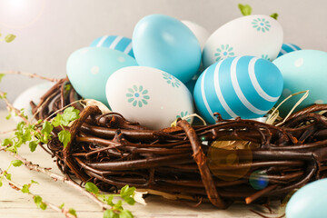 Easter background with blue eggs. Easter card - 752522899
