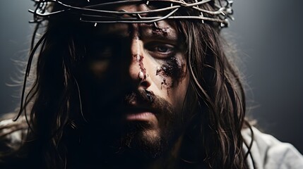 Intense closeup captures Jesus in agony, bloodied from crucifixion, wearing a crown of thorns, evoking profound emotion and reverence.