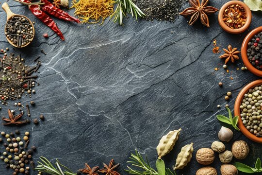 Top view of assorted spices and herbs on slate background for culinary concepts