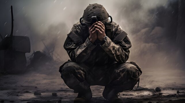 A poignant photo captures the silent struggle of an adult soldier grappling with PTSD, bowing his head with clasped hands, battling inner demons.