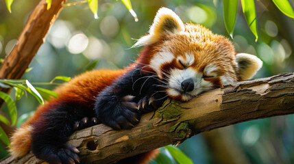 Sleepy baby red panda resting on a branch.