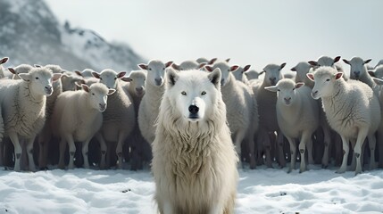 A European wolf stares into the camera, behind him a flock of sheep, symbolizing captivity and oppression in the predator-prey relationship - obrazy, fototapety, plakaty