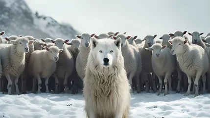 Fotobehang A European wolf stares into the camera, behind him a flock of sheep, symbolizing captivity and oppression in the predator-prey relationship © Stacy