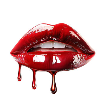 Sexy female lips with dripping red lip gloss and white teeth on an isolated background