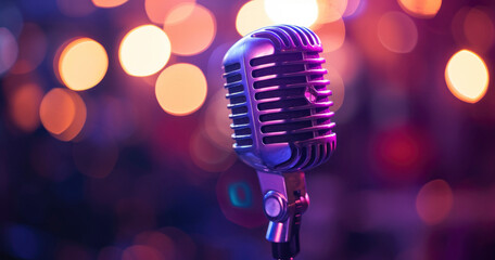 Fototapeta na wymiar Retro microphone on stage with bokeh light with place for text