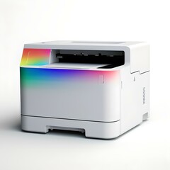 Modern color laser printer with vibrant rainbow print emerging on white background