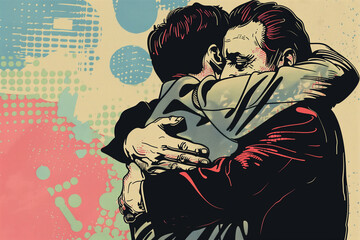 Pop art - Two men hugging each other