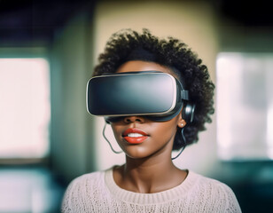 Young black african american woman wearing virtual reality goggles. VR experience concept in close up of her face with blurred futuristic background. - 752523655