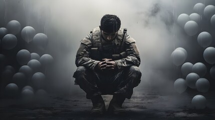 A poignant photo captures the silent struggle of an adult soldier grappling with PTSD, bowing his head with clasped hands, battling inner demons.