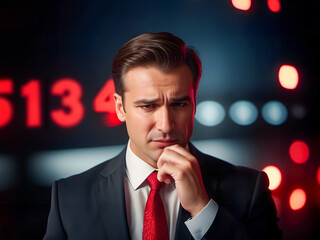 Handsome businessman in suit and tie nervous about the development with blurred red numbers in the background. - 752523691