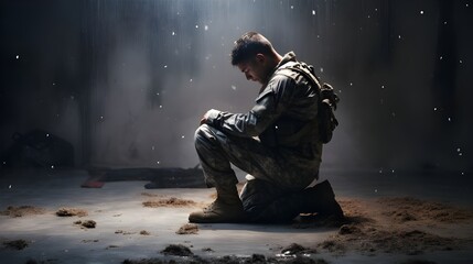 A poignant photo captures the silent struggle of an adult soldier grappling with PTSD, bowing his head with clasped hands, battling inner demons. - obrazy, fototapety, plakaty