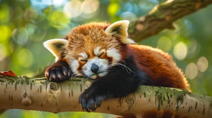 Foto op Plexiglas Sleepy baby red panda resting on a branch. © Aki