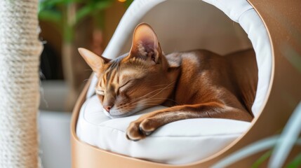 Generative AI, cute happy cat on cozy bed in specialized pet hotel - obrazy, fototapety, plakaty