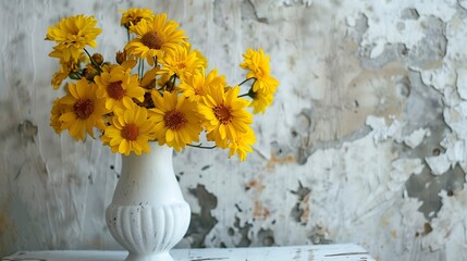 A charming still life composition featuring vibrant yellow chrysanthemums arranged in a white vase