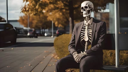 Foto op Canvas A skeleton in a business suit, symbolizing the emptiness of striving in life's corporate pursuit © Stacy