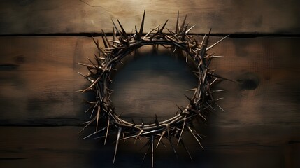 Above view reveals a crown of thorns resting on a rustic wooden table, symbolizing pain and sacrifice with stark simplicity