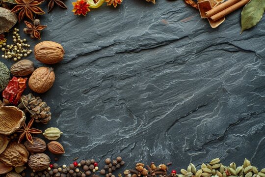 Top view of various spices and seasonings on slate background
