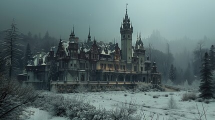 Enchanted Winter Castle, majestic castle blanketed in snow stands enigmatically in a winter landscape, evoking a sense of mystery, solitude, and fairy-tale wonder in an idyllic setting
