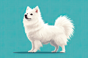 White spitz watercolor portrait painting. Illustrated dog puppy, isolated on blue background. - obrazy, fototapety, plakaty