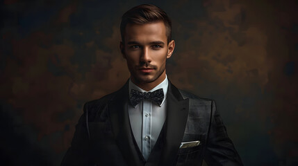 Rich man in suit with bow tie against dark background