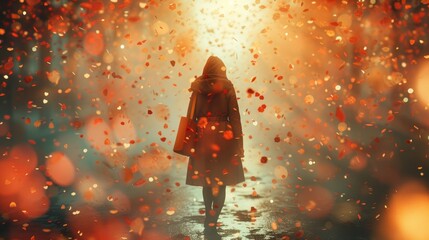 Solitary Walk Amongst Falling Confetti, lone woman enveloped in a mesmerizing storm of falling red confetti strolls contemplatively, her silhouette a stark contrast against a vivid, dreamlike backdrop - obrazy, fototapety, plakaty