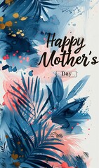Happy Mother's Day written in stylish typography with flowers accents hand drawn strokes and dots, heart in pastel colors. Vintage card design in abstract lines painting