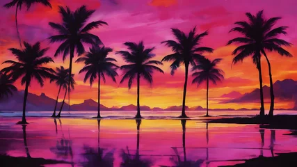 Fotobehang Roze Imagine a vibrant tropical sunset painting the sky with hues of orange, pink, and purple. Palm trees silhouette against the vivid backdrop, creating a paradise scene