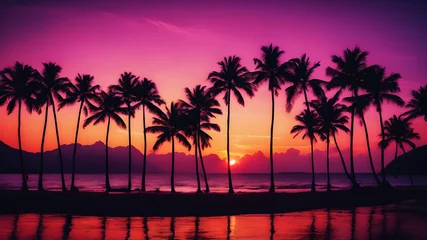 Photo sur Aluminium Roze Imagine a vibrant tropical sunset painting the sky with hues of orange, pink, and purple. Palm trees silhouette against the vivid backdrop, creating a paradise scene