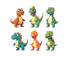 Bright set of colorful dinosaurs on white background in cartoon vector illustration style, childrens flat illustration