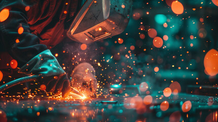 A skilled metal worker operates an arc welding machine in a factory wearing protective gear. Metalwork. 