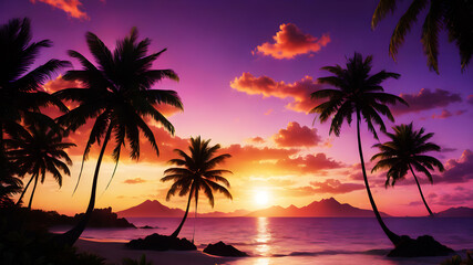 Imagine a vibrant tropical sunset painting the sky with hues of orange, pink, and purple. Palm trees silhouette against the vivid backdrop, creating a paradise scene - obrazy, fototapety, plakaty