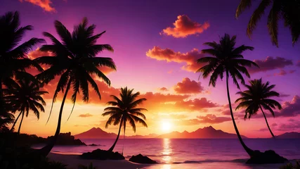 Selbstklebende Fototapeten Imagine a vibrant tropical sunset painting the sky with hues of orange, pink, and purple. Palm trees silhouette against the vivid backdrop, creating a paradise scene © Farhan
