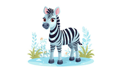 Fototapeta na wymiar Cute cartoon zebra posing on a green grass isolated on white background