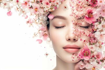 Obraz na płótnie Canvas Abstract photo design artwork collage of young pretty charming lady blooming flowers natural face mask spa salon isolated over white background