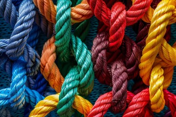 Rope with a knot as a concept of diverse strength, partnership, teamwork and network - obrazy, fototapety, plakaty