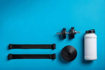A blue background with a variety of fitness equipment and accessories