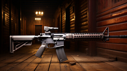 automatic carbine on the wooden floor photo - obrazy, fototapety, plakaty
