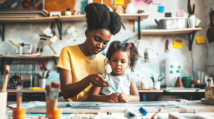 Mom and daughter are busy making crafts for the holiday in a creative workshop. - obrazy, fototapety, plakaty