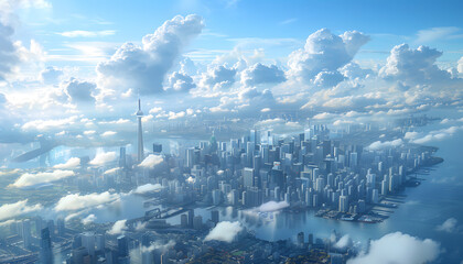 City skyline surrounded by clouds on a water landscape - obrazy, fototapety, plakaty
