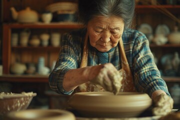 Close-up of concentrated Asian craftswoman in apron sitting at pottery wheel and using craft tool while shaping wet clay vessel - obrazy, fototapety, plakaty
