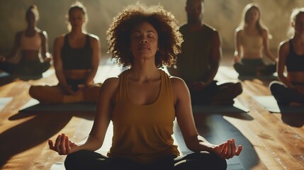 A tranquil scene capturing a group meditation session at a sports club, with participants gathered in a yoga studio, - obrazy, fototapety, plakaty