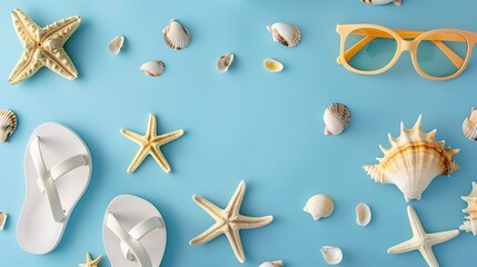 A creative and eye-catching summer concept featuring a minimalistic arrangement of beach essentials on a pastel blue background