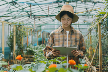 female farmer using tablet in greenhouse