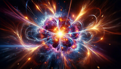 
A vibrant cosmic explosion with swirling energy and radiant lights, representing a supernova or big bang, AI-generated.