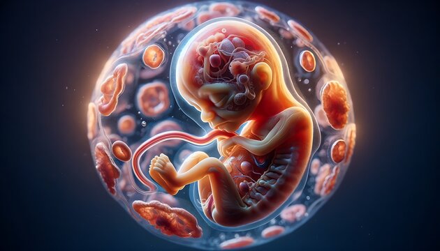 Little human baby inside mother womb. Small embryo in uterus. 3d visualization fetal growth restriction for medical and study