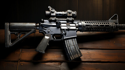 automatic carbine on the wooden floor photo - obrazy, fototapety, plakaty