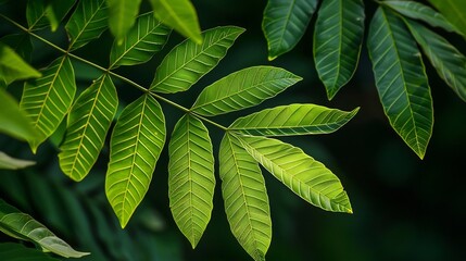 A striking close-up view of Ailanthus altissima, the tree of heaven, with selective focus on its lush green leaves against a dark-toned backdrop