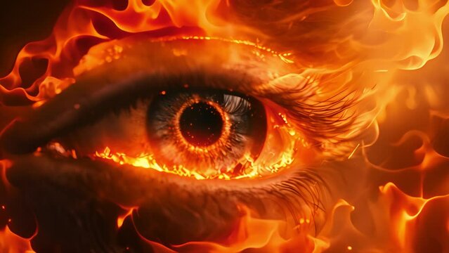 Close up of human eye with fire flames in dark background. Burning eye. Demonic,evil dark eye of person. Flames of power burning 4k video. Macro shot. Powerful human close-up