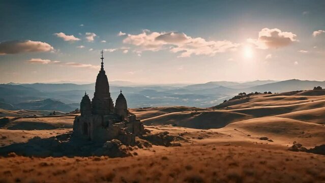 sunset in the desert with castle view